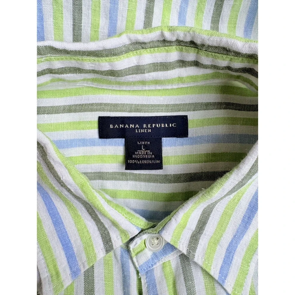 Banana Republic Mens L Linen Striped Button Front Shirt Long Sleeve Green Blue